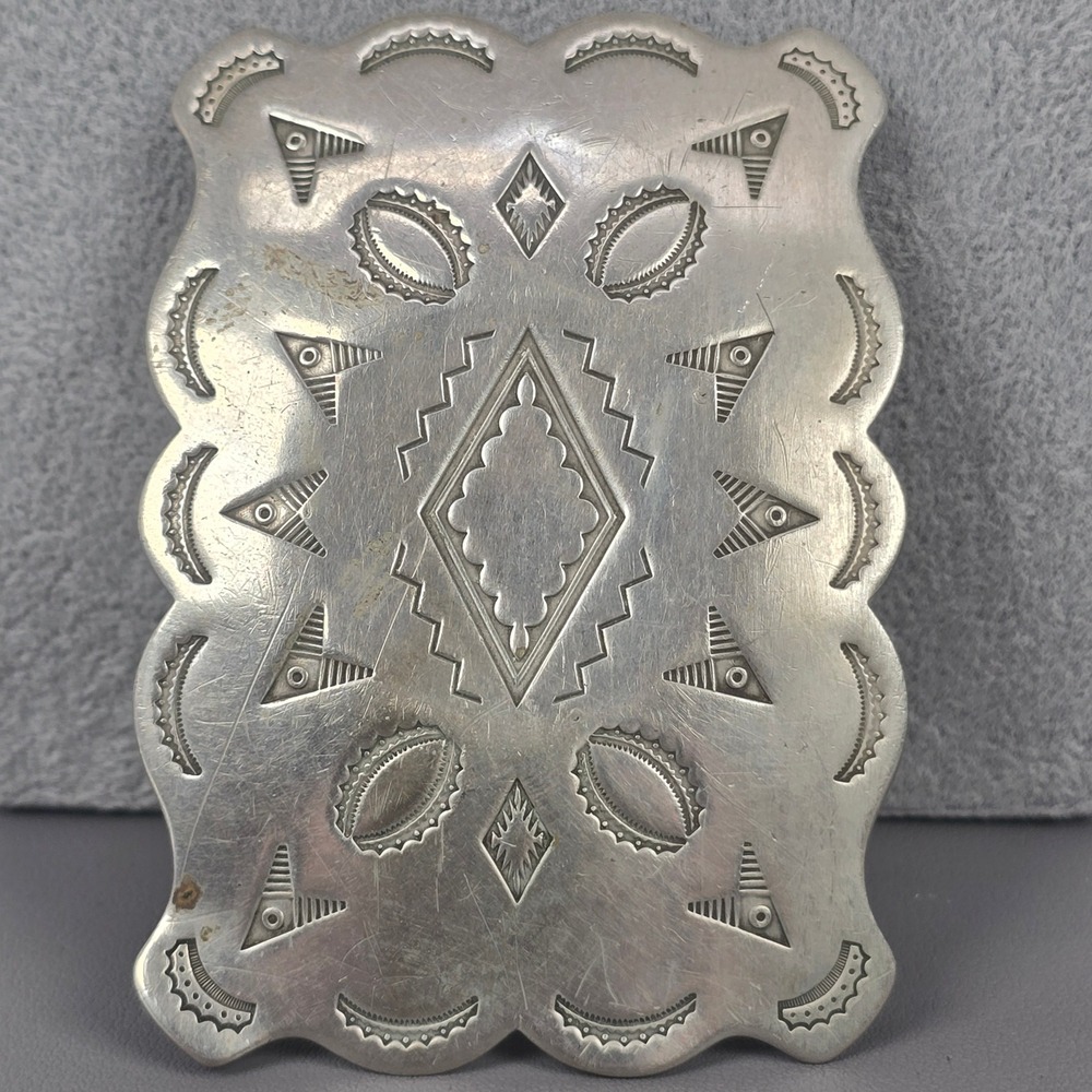 Vintage Solid Nickel Silver Southwestern Belt Buckle Scalloped Stamped Geometric